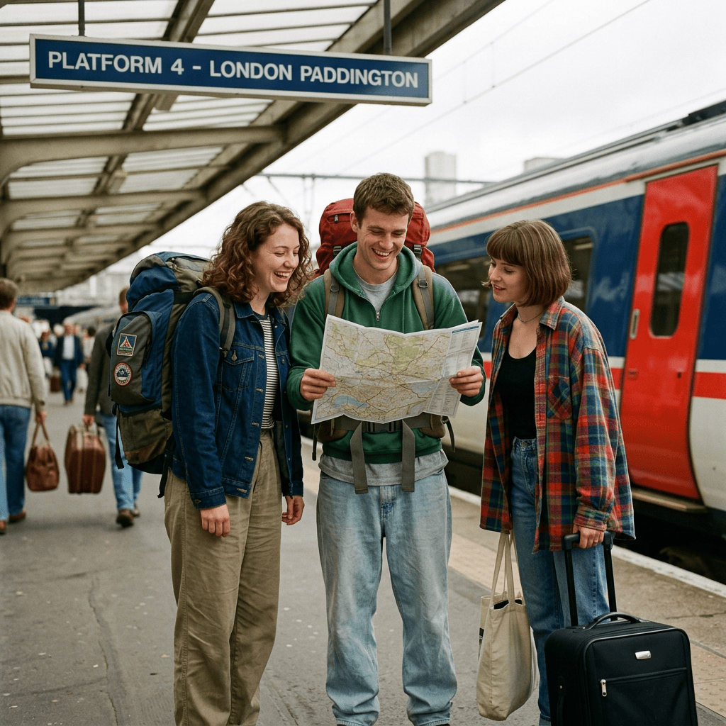 Three travelers reading a map on Platform 4 at London Paddington